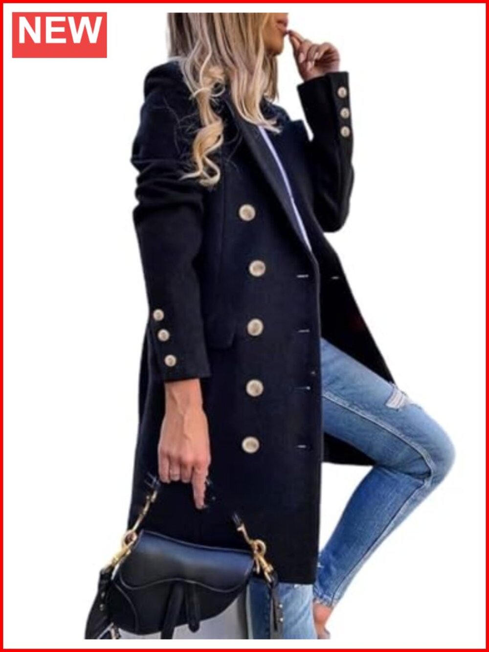 Womens Wool Blend Double Breasted Midi Peacoat Trench Coat Fall Winter